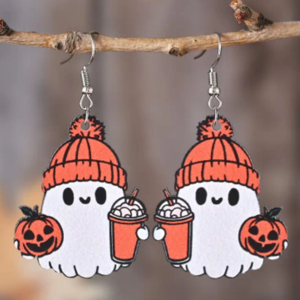 Chic Halloween & Pumpkin Wooden Dangle Earrings Stainless Steel Posts.